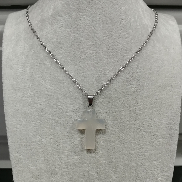 White Agate Cross 23.5" Necklace Natural Gemstone Crystal Pendant StainlessSteel - Picture 4 of 12